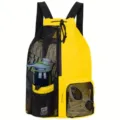 Yellow drawstring backpack with mesh pockets, large capacity sports bag for outdoor and gym. - Yellow Mesh Backpack