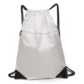 Lightweight white nylon drawstring backpack gym bag with zipper pocket and reinforced corners - White