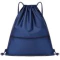 Blue drawstring backpack with front zipper pocket, lightweight sports gym bag for hiking. - Dark Blue