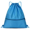 Blue drawstring backpack with front zipper pocket, lightweight sport cinch bag for hiking. - Lake Blue