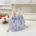 Cute Japanese cartoon plaid drawstring lunch bag canvas bento tote for women and students. - Purple Plaid Bear Drawstring Lunch Bag