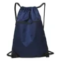 Blue nylon drawstring backpack with front zipper pocket, lightweight sports gym bag. - Navy Blue