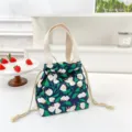 Canvas drawstring lunch bag with cute floral print, portable bento tote for daily use and work. - Dark Green Flower Core Drawstring Lunch Bag