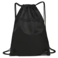 Black nylon drawstring gym backpack with front zipper pocket and reinforced corners for daily sports use. - Black