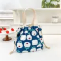 Japanese cute floral print drawstring bento bag canvas handbag for lunch box student daily use - Budding Dark Blue Drawstring Lunch Bag