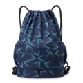 Dark blue geometric drawstring backpack with bottom zipper compartment, stylish gym sports bag. - CUI Gray-Blue Pattern