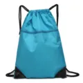 Light blue nylon drawstring backpack with front zipper pocket and black reinforcement corners. - Sky Blue