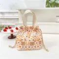 Cute Japanese cartoon drawstring lunch bag, canvas bento handbag for women and students. - Orange Plaid Bear Drawstring Lunch Bag