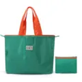 Grand sac cabas pliable, sac de courses vert avec poignees orange pour voyages et usage quotidien. - Bleu lac