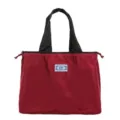 Red folding tote bag with black handles, lightweight travel shopping bag, large capacity storage. - NL Wine Red