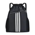 Black drawstring backpack with iconic three stripes, large capacity gym sport training bag. - Black