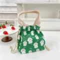 Green Cartoon Dog Print Canvas Drawstring Bento Bag Cute Handheld Lunch Storage Pouch - Green Bear Drawstring Lunch Bag