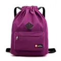 Purple drawstring backpack with front zipper pocket, lightweight waterproof sports and travel bag. - Ximo Purple