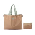 Sac cabas pliable marron avec poignées vertes et pochette de rangement pour voyage - Chameau