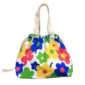 Cute colorful floral drawstring lunch bag, vibrant canvas bento tote for everyday use. - Blue-Green Hyuna Style Drawstring Lunch Bag