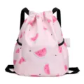 Pink watermelon print drawstring backpack, lightweight waterproof school bag with side pockets. - Watermelon Print / Pink