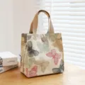 Japanese style canvas lunch bag with colorful butterfly print, portable handbag for office daily. - S / Beige Butterfly Buttons