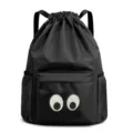 Black drawstring backpack large capacity gym sports bag waterproof travel sack for women men - Black 028 Embroidered Eyes