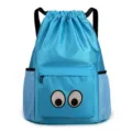 Blue drawstring backpack with cute embroidered eyes, front zipper pocket and mesh side pockets. - S / Lake Blue 028 Embroidered Eyes