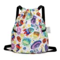 Lightweight cartoon print drawstring backpack for kids school daily casual waterproof bag. - Alien Spaceship Print / Multicolor