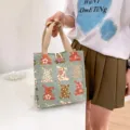 Japanese canvas tote bag cute rabbit floral print handbag student lunch bag casual daily use - Green Rabbit Buttons