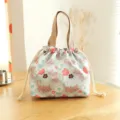 Japanese bento bag drawstring pouch waterproof student lunch bag cute cat print - Green Cat Drawstring Lunch Bag