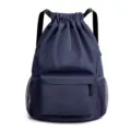 Dark blue drawstring backpack, lightweight gym sports bag with front zipper and mesh side pockets. - Dark Blue
