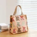 Japanese canvas lunch bag tote cute rabbit print portable bento handbag for office work daily use - Pink Rabbit Buttons