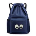 Blue drawstring backpack with cute eye design large capacity travel sports gym waterproof bag - S / Dark Blue 028 Embroidered Eyes