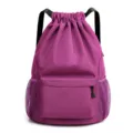 Purple drawstring backpack for women and men, lightweight gym sack with mesh side pockets. - Purple