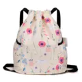 Sac à dos cordon en tissu oxford imperméable avec imprimé floral et lapin mignon pour voyage. - Imprimé Mer de Fleurs