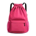 Rose pink drawstring backpack lightweight gym sport bag with mesh pockets for travel hiking. - Rose Red