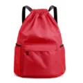 Red drawstring backpack with front zippered pocket and mesh side pockets for daily travel. - Red 028