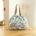 Waterproof canvas lunch bag with cute rocking horse pattern, portable bento drawstring pouch for daily use. - Trojan Horse Drawstring Lunch Bag / Green