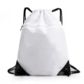White drawstring backpack with front zipper pocket, lightweight gym sack for travel and sports. - White