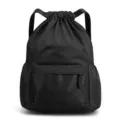 Black waterproof drawstring gym backpack with mesh side pockets and front zipper pocket daily use - Black 028