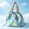 Japanese waterproof drawstring lunch bag with cute cat and floral print for students and work. - Cat Drawstring Lunch Bag / Gray