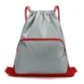 Lightweight waterproof drawstring backpack, gray gym sports bag with red accents and pocket. - 019 Grey