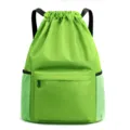 Light green drawstring backpack with mesh side pockets and front zip pocket for casual travel. - Green 028