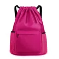Pink drawstring backpack large capacity gym sports cinch bag with front zipper pocket - Rose Red 028