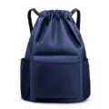Blue drawstring backpack lightweight sports gym cinch sack with side mesh pockets for travel. - Dark Blue