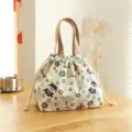 Japanese style canvas drawstring lunch bag with cute Shiba Inu print waterproof bento storage pouch - Beige Husky Drawstring Lunch Bag