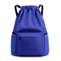 Blue drawstring backpack with front zip pocket and side mesh pockets for casual travel use. - Royal Blue 028