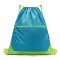 Lightweight waterproof blue drawstring gym backpack with green trim for sports and travel - 019 Lake Blue