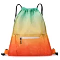 Gradient mesh drawstring backpack beach swim sports gym storage bag with front zipper pocket - Orange-Green Gradient Mesh