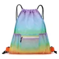 Rainbow mesh drawstring backpack beach gym bag with front zipper pocket and shoulder straps. - Rainbow Gradient Mesh