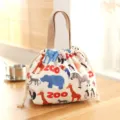Cute animal print waterproof canvas bento lunch bag with drawstring handles for students - White Zoo Drawstring Lunch Bag