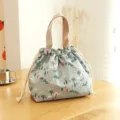 Japanese style canvas drawstring lunch bag with forest print, portable bento pouch for daily use. - Green Snow House Drawstring Lunch Bag
