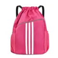 Roze trekkoord rugzak met drie witte strepen, lichte sporttas gymtas voor heren en dames. - Rozerood