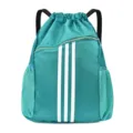 Waterproof Drawstring Backpack Sports Gym Bag with Front Zipper Pocket and Stripes - Green